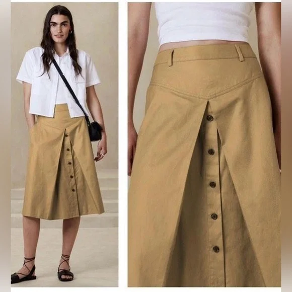 Banana Republic|A-Line Midi Skirt in Light Brown Khaki with Button  Detail•••18 - Main Image